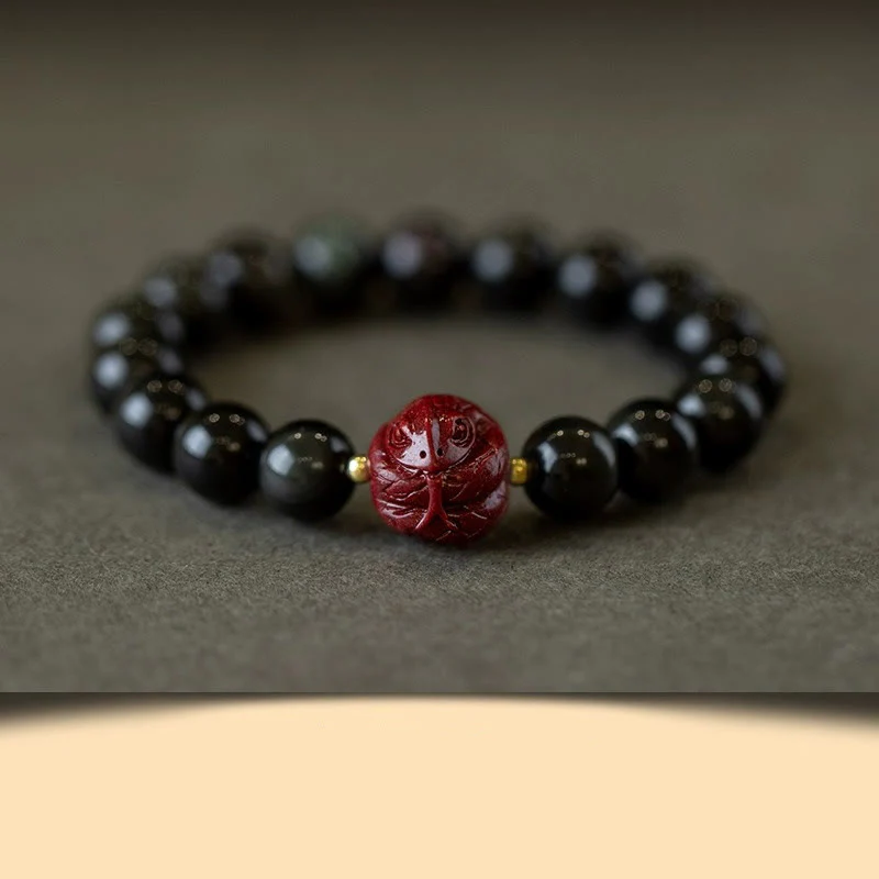 Braccialetto di purificazione naturale in ossidiana nera e cinabro dello zodiaco cinese Buddha Stones