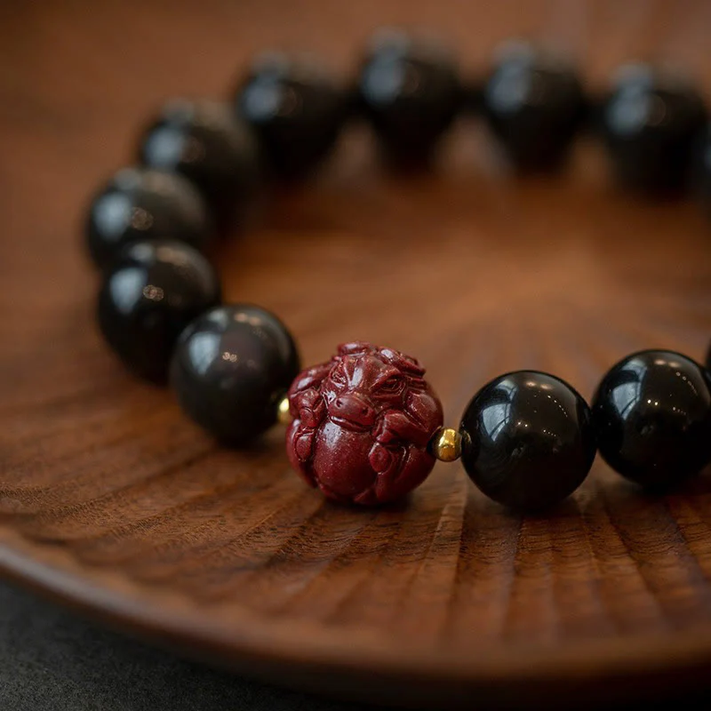 Braccialetto di purificazione naturale in ossidiana nera e cinabro dello zodiaco cinese Buddha Stones - Image 11
