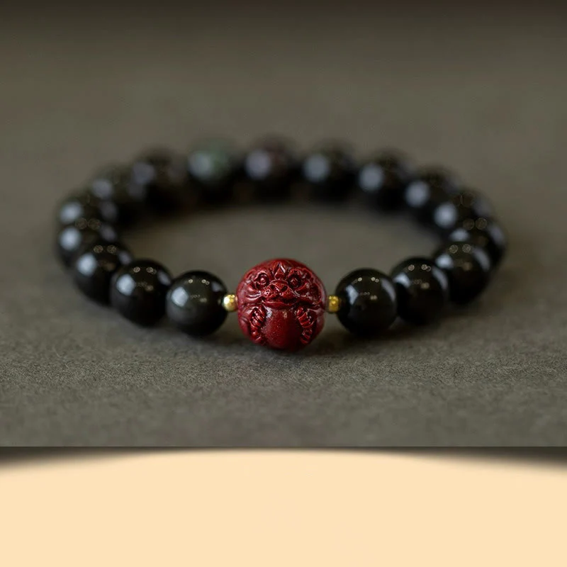 Braccialetto di purificazione naturale in ossidiana nera e cinabro dello zodiaco cinese Buddha Stones - Image 14
