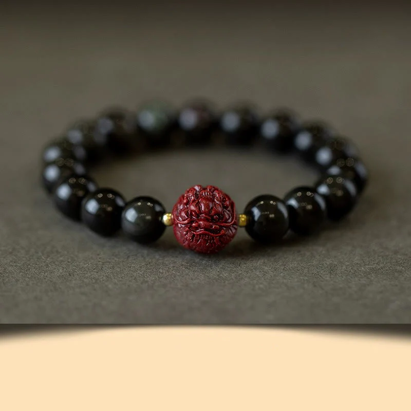 Braccialetto di purificazione naturale in ossidiana nera e cinabro dello zodiaco cinese Buddha Stones - Image 18