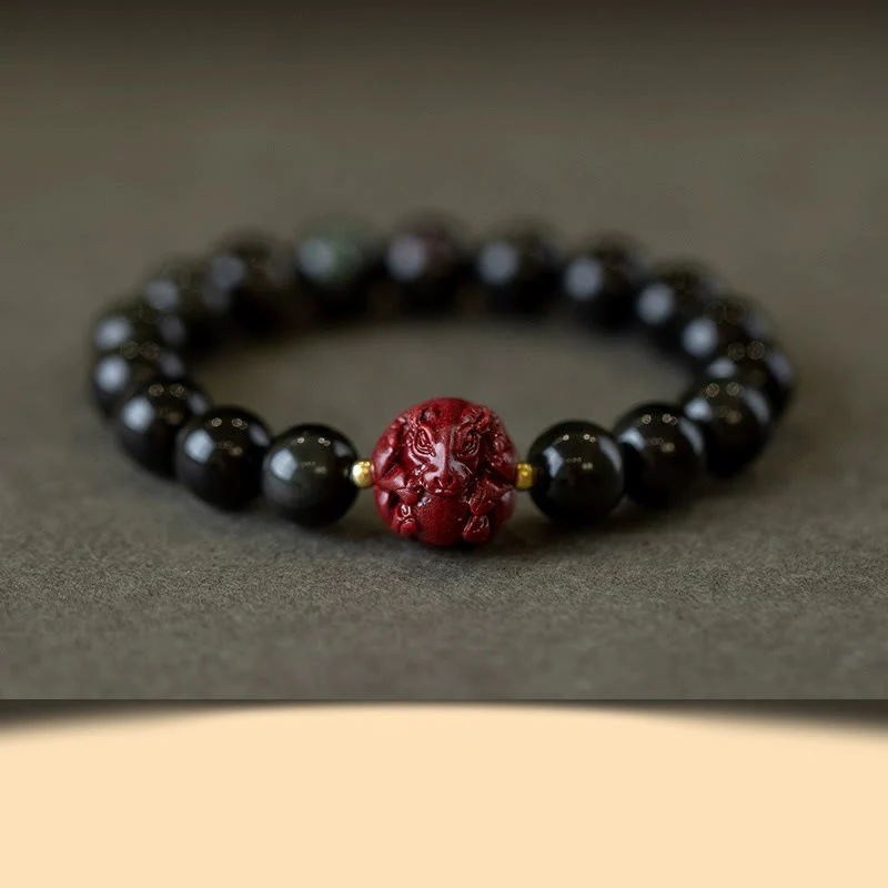 Braccialetto di purificazione naturale in ossidiana nera e cinabro dello zodiaco cinese Buddha Stones - Image 20