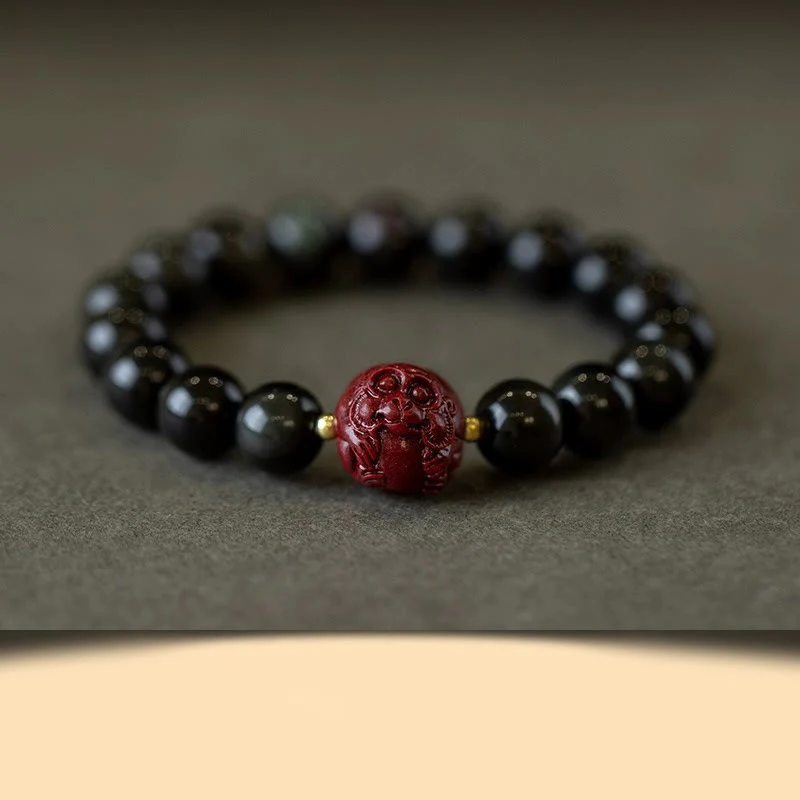 Braccialetto di purificazione naturale in ossidiana nera e cinabro dello zodiaco cinese Buddha Stones - Image 21