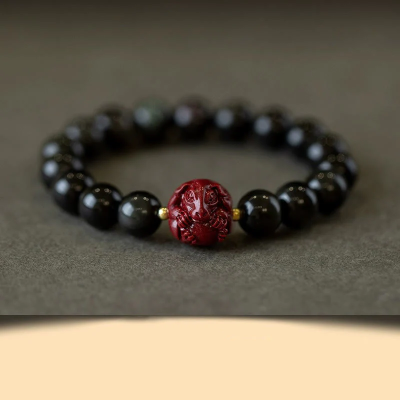 Braccialetto di purificazione naturale in ossidiana nera e cinabro dello zodiaco cinese Buddha Stones - Image 23