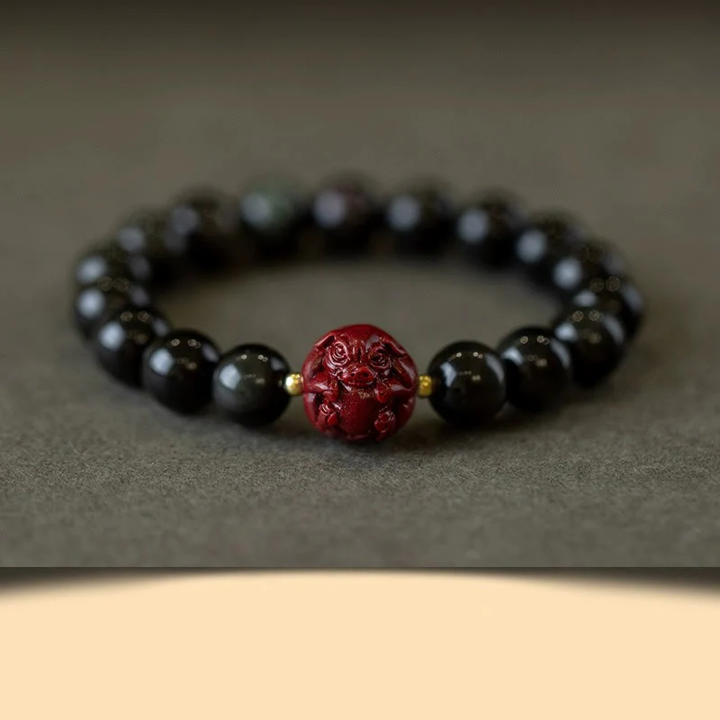 Braccialetto di purificazione naturale in ossidiana nera e cinabro dello zodiaco cinese Buddha Stones - Image 24