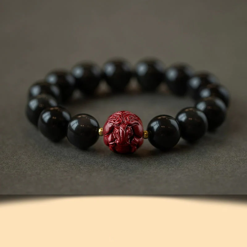 Braccialetto di purificazione naturale in ossidiana nera e cinabro dello zodiaco cinese Buddha Stones - Image 31