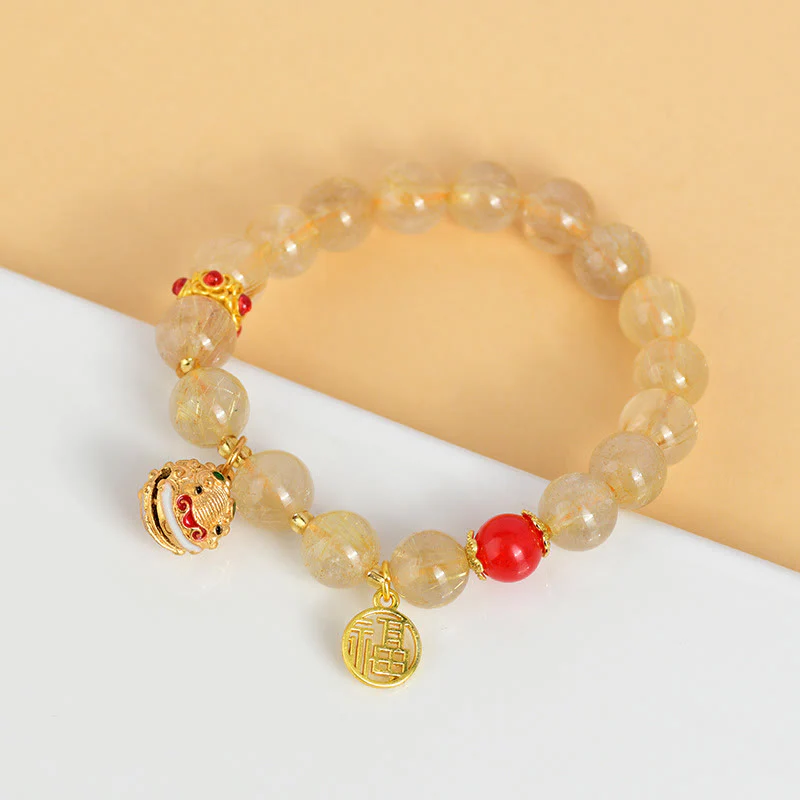 Braccialetto di ricchezza con ciondolo a forma di campana con carattere Fu in quarzo rutilato dorato naturale Buddha Stones - Image 4