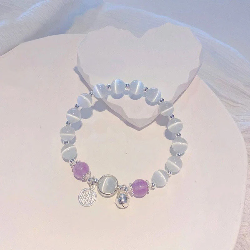 Braccialetto di supporto con ciondolo a forma di campana con carattere Fu, in ametista e occhio di gatto , Buddha Stones - Image 3