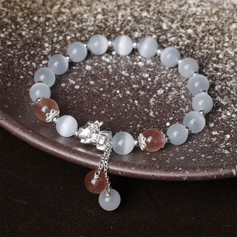 Braccialetto di supporto PiXiu in quarzo fragola con pietra lunare naturale occhio di gatto Buddha Stones - Image 9