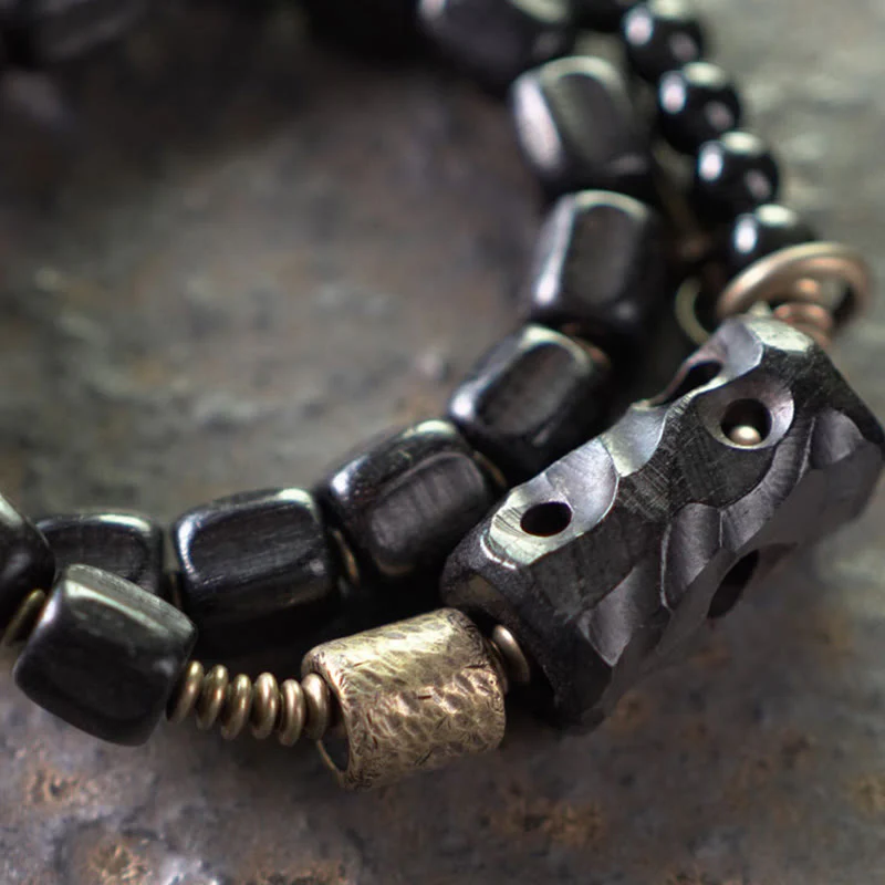 Braccialetto doppio giro Buddha Stones Ebano Legno Ossidiana Nera Rame Ottone Pace - Image 4