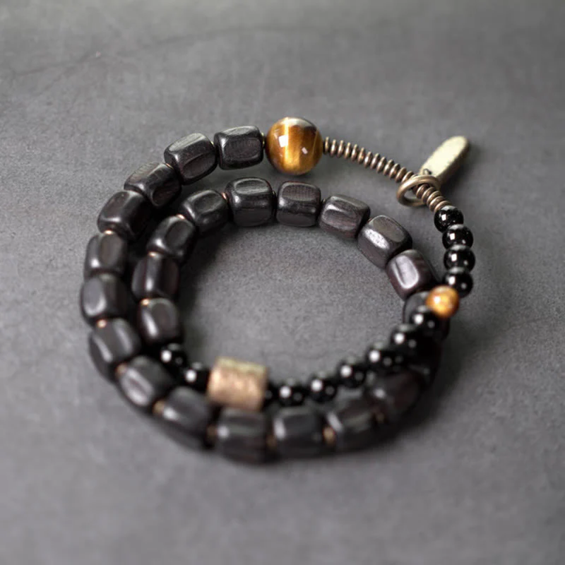 Braccialetto doppio giro Buddha Stones Ebano Legno Rame Ottone Occhio di Tigre Pace - Image 2