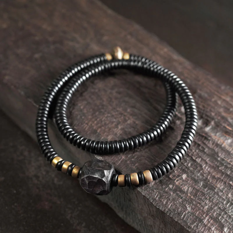 Braccialetto doppio giro Buddha Stones Ebano Legno Rame Ottone Pace