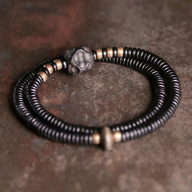 Braccialetto doppio giro Buddha Stones Ebano Legno Rame Ottone Pace - Image 10