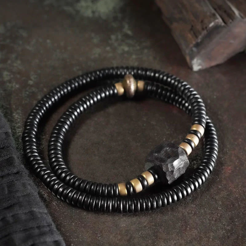 Braccialetto doppio giro Buddha Stones Ebano Legno Rame Ottone Pace - Image 3