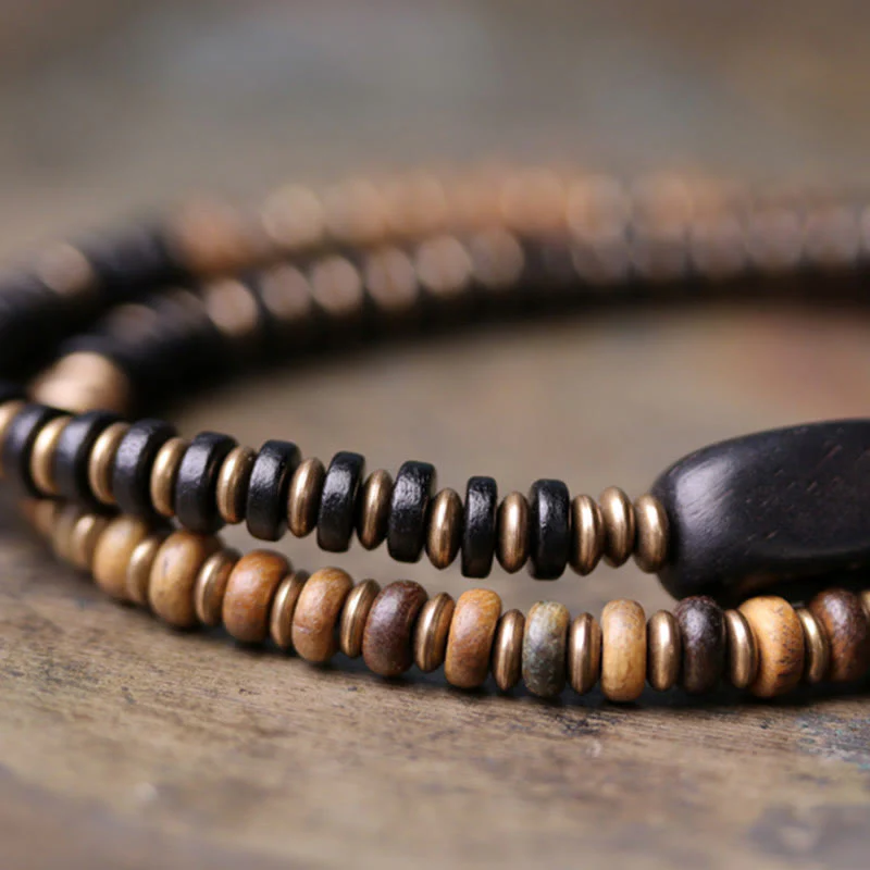 Braccialetto doppio giro calmante in ottone e rame con Buddha Stones, legno di ebano e sandalo verde - Image 13