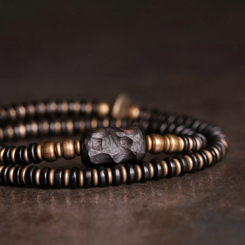Braccialetto doppio giro calmante in ottone e rame con Buddha Stones, legno di ebano e sandalo verde - Image 2