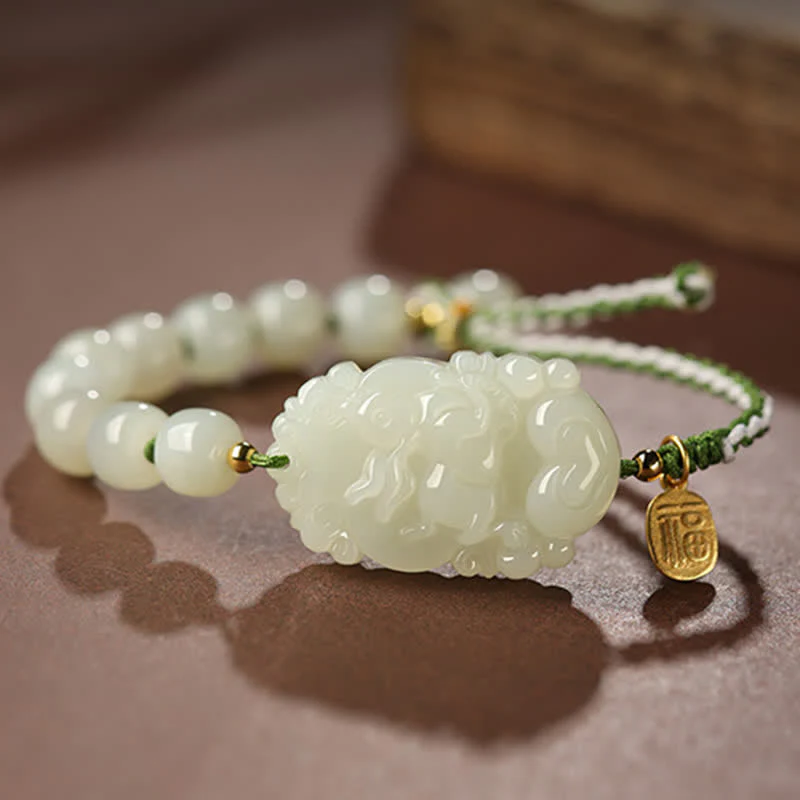 Braccialetto in argento sterling 925 con zodiaco cinese Hetian Jade Happiness Luck String - Image 3