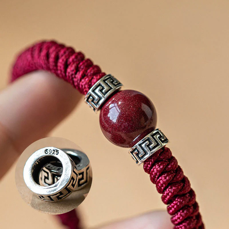 Braccialetto in corda intrecciata fatto a mano con perline di cinabro naturale in argento sterling 925 Buddha Stones - Image 2