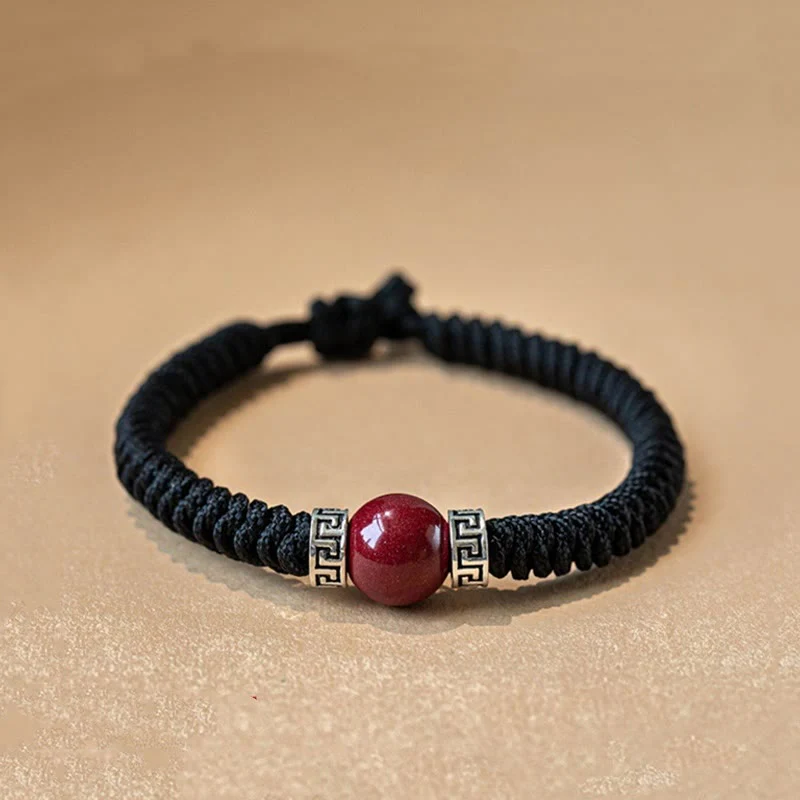 Braccialetto in corda intrecciata fatto a mano con perline di cinabro naturale in argento sterling 925 Buddha Stones - Image 8