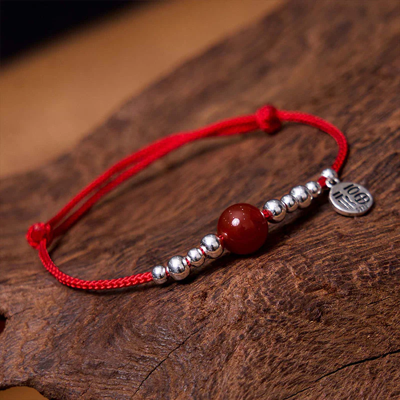 Braccialetto in corda intrecciata ultra sottile con carattere Fu in argento sterling 925 fatto a mano con Buddha Stones, agata rossa e ciondolo a forma di fortuna - Image 3