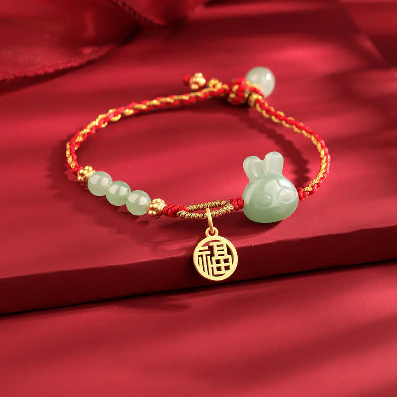 Braccialetto in corda rossa con Buddha Stones in argento sterling 925 Anno del coniglio in giada Hetian Felicità Fortuna - Image 2