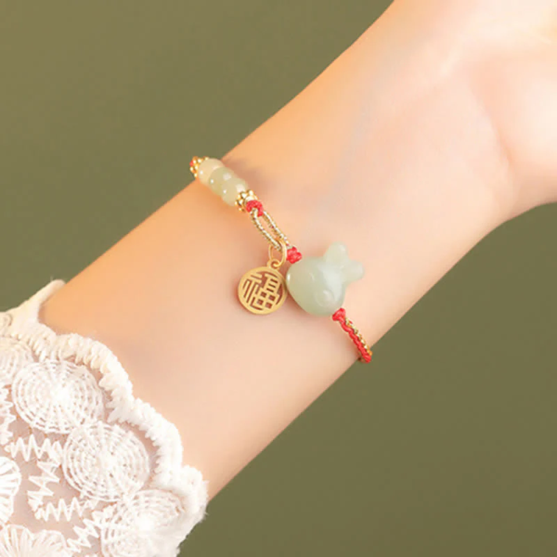 Braccialetto in corda rossa con Buddha Stones in argento sterling 925 Anno del coniglio in giada Hetian Felicità Fortuna - Image 3