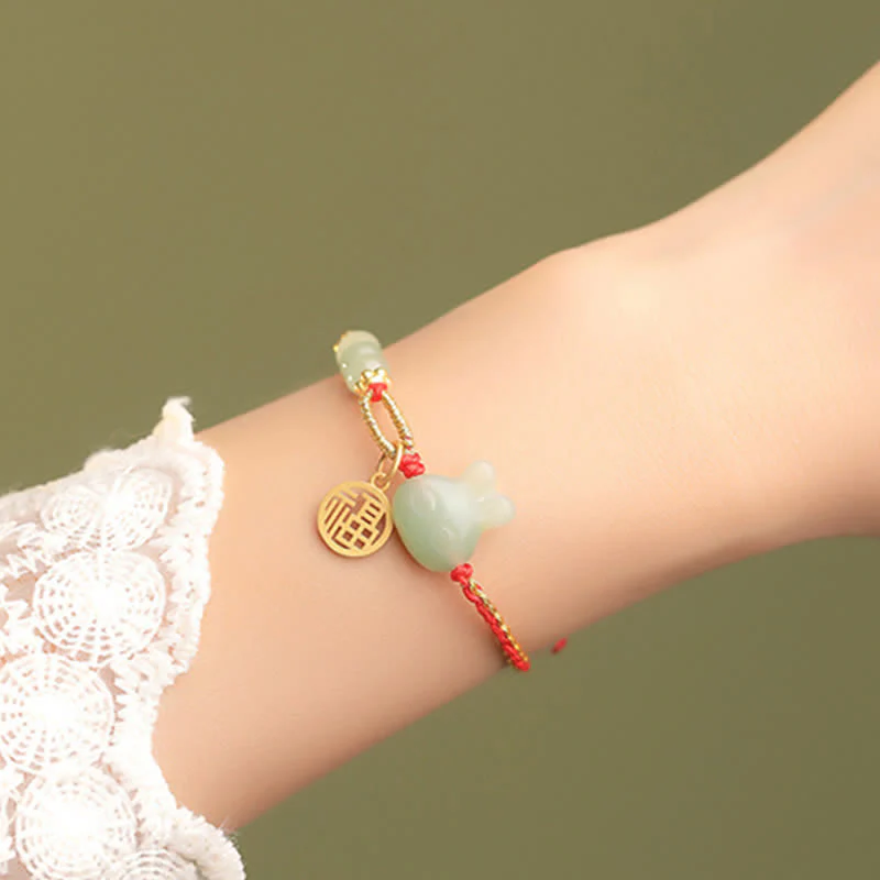Braccialetto in corda rossa con Buddha Stones in argento sterling 925 Anno del coniglio in giada Hetian Felicità Fortuna - Image 4