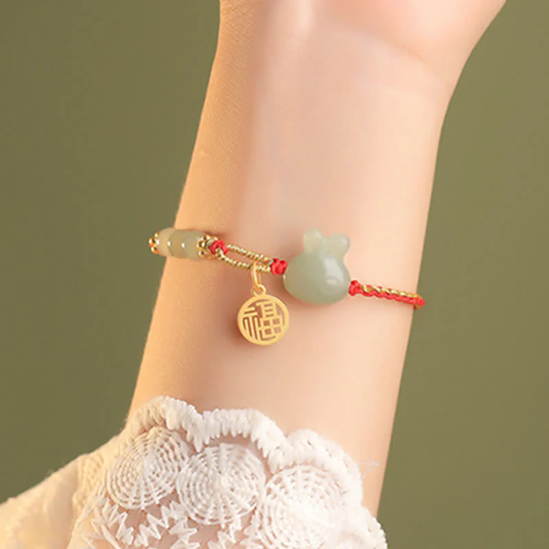 Braccialetto in corda rossa con Buddha Stones in argento sterling 925 Anno del coniglio in giada Hetian Felicità Fortuna - Image 5