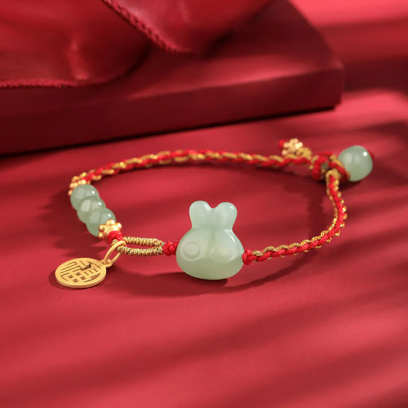 Braccialetto in corda rossa con Buddha Stones in argento sterling 925 Anno del coniglio in giada Hetian Felicità Fortuna - Image 7