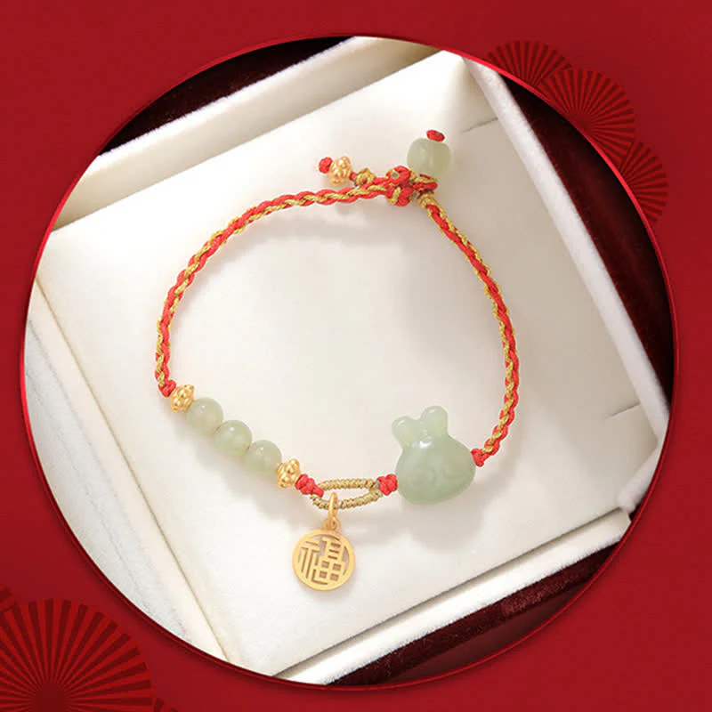 Braccialetto in corda rossa con Buddha Stones in argento sterling 925 Anno del coniglio in giada Hetian Felicità Fortuna - Image 8