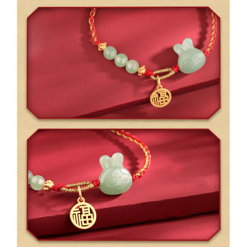 Braccialetto in corda rossa con Buddha Stones in argento sterling 925 Anno del coniglio in giada Hetian Felicità Fortuna - Image 9
