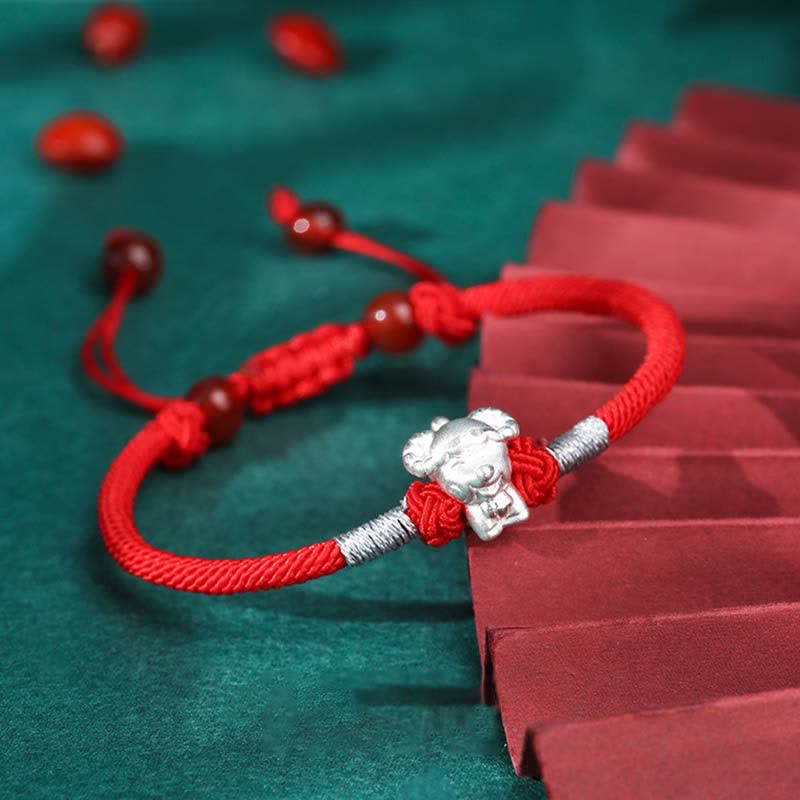 Braccialetto in corda rossa con Buddha Stones in argento sterling 999, zodiaco cinese, fortuna e forza - Image 14