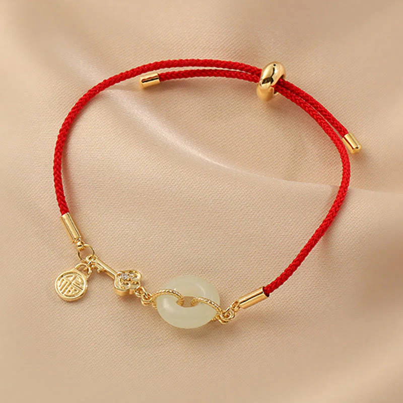 Braccialetto in corda rossa con fibbia della pace in giada Hetian placcato oro 18K con carattere Fu e Buddha Stones - Image 6