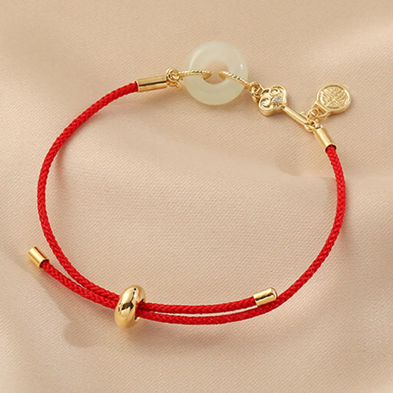 Braccialetto in corda rossa con fibbia della pace in giada Hetian placcato oro 18K con carattere Fu e Buddha Stones - Image 8