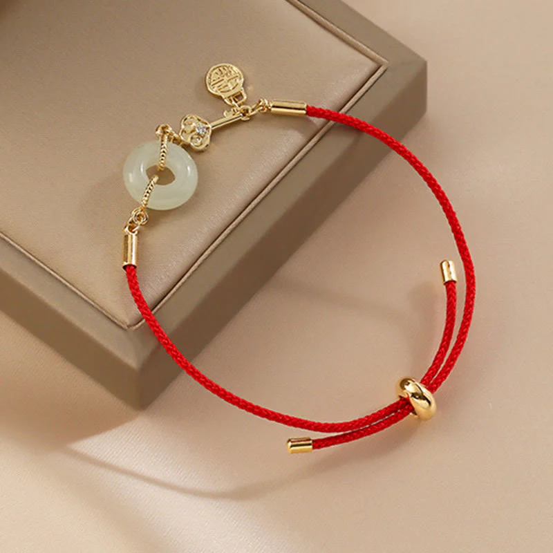 Braccialetto in corda rossa con fibbia della pace in giada Hetian placcato oro 18K con carattere Fu e Buddha Stones - Image 9
