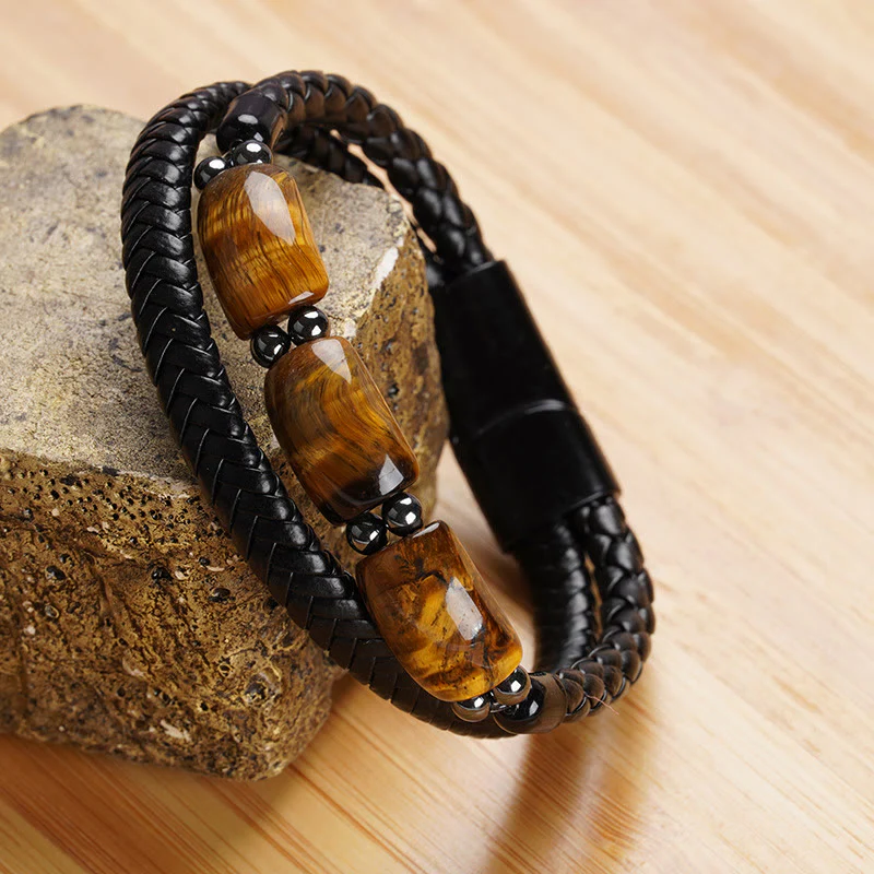 Braccialetto in pelle con fibbia magnetica e protezione naturale dell'occhio di tigre Buddha Stones - Image 3