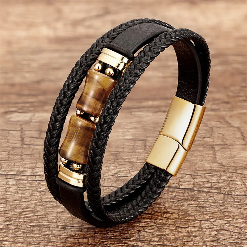 Braccialetto in pelle multistrato Buddha Stones Tiger Eye Bamboo Stone Integrity Courage