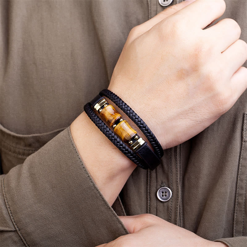 Braccialetto in pelle multistrato Buddha Stones Tiger Eye Bamboo Stone Integrity Courage - Image 2