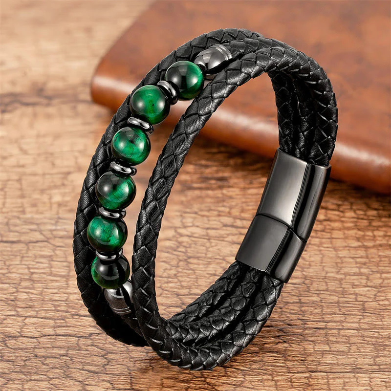 Braccialetto in pelle positivo con perline di onice nero e occhio di tigre Buddha Stones Lava Rock Ematite