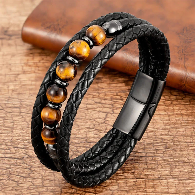Braccialetto in pelle positivo con perline di onice nero e occhio di tigre Buddha Stones Lava Rock Ematite - Image 15