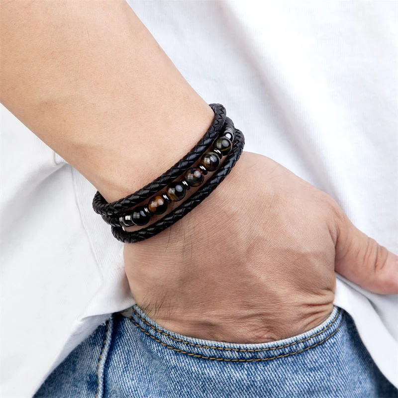Braccialetto in pelle positivo con perline di onice nero e occhio di tigre Buddha Stones Lava Rock Ematite - Image 17