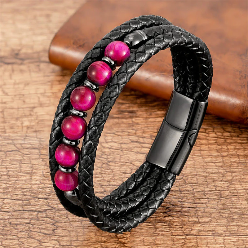 Braccialetto in pelle positivo con perline di onice nero e occhio di tigre Buddha Stones Lava Rock Ematite - Image 4