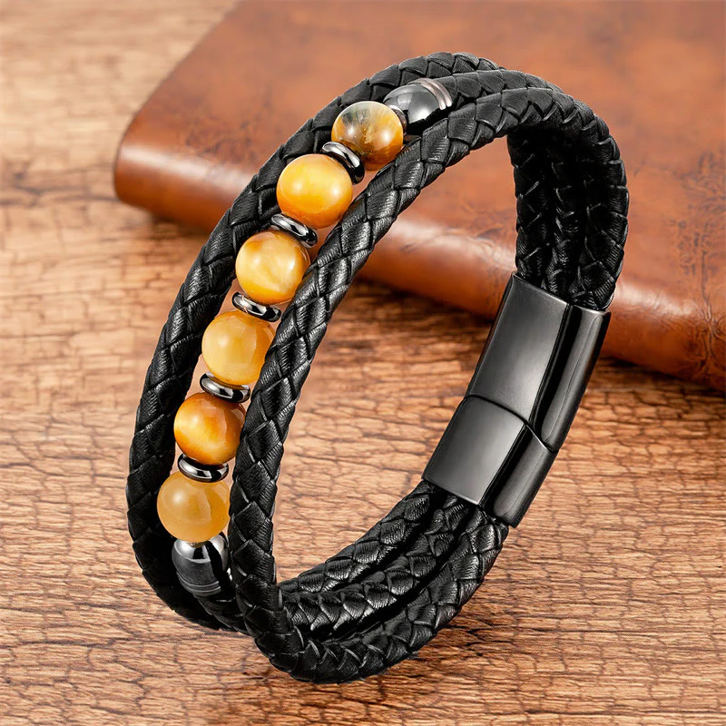 Braccialetto in pelle positivo con perline di onice nero e occhio di tigre Buddha Stones Lava Rock Ematite - Image 6