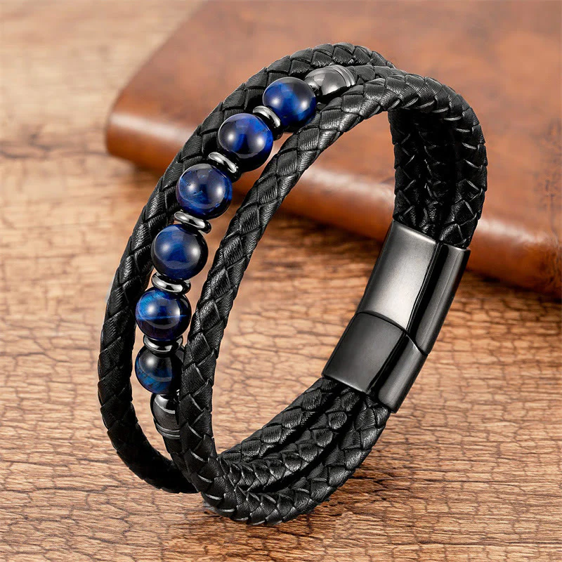 Braccialetto in pelle positivo con perline di onice nero e occhio di tigre Buddha Stones Lava Rock Ematite - Image 7