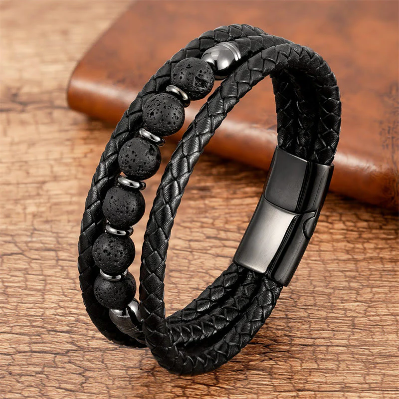 Braccialetto in pelle positivo con perline di onice nero e occhio di tigre Buddha Stones Lava Rock Ematite - Image 9