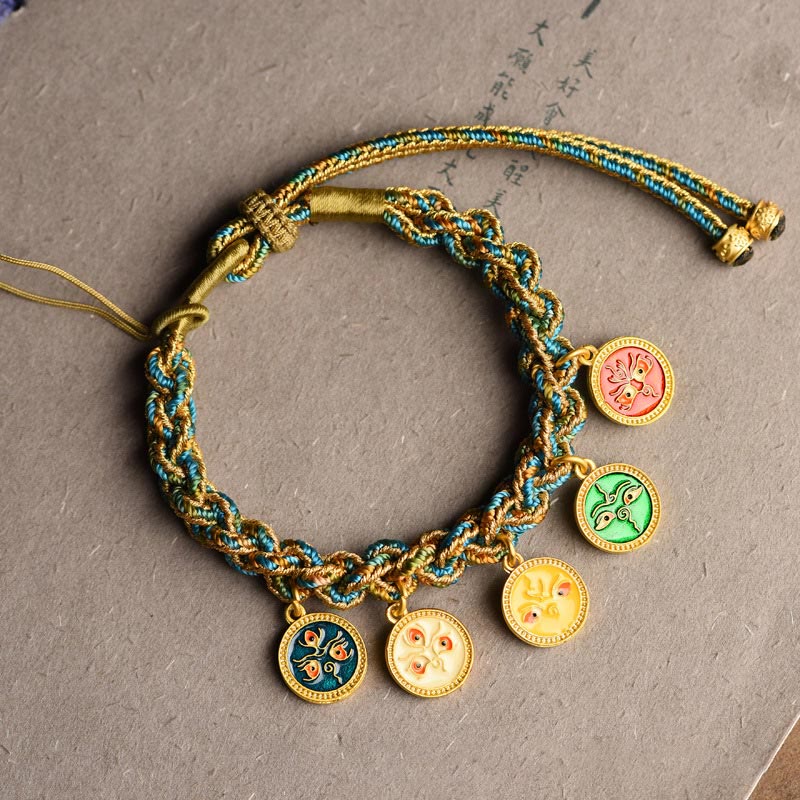 Braccialetto intrecciato a mano con corda intrecciata , Buddha Stones tibetane, cinque divinità della ricchezza e della fortuna - Image 2