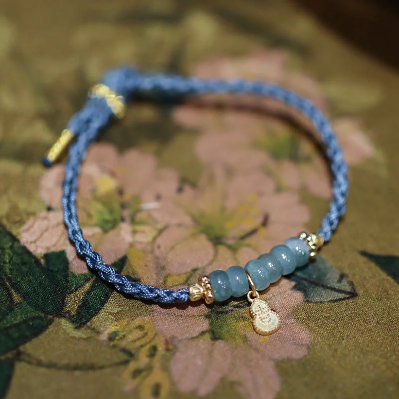 Braccialetto intrecciato con carattere Fu in argento sterling 925, giada naturale, quarzo rutilato e zucca, con fortuna