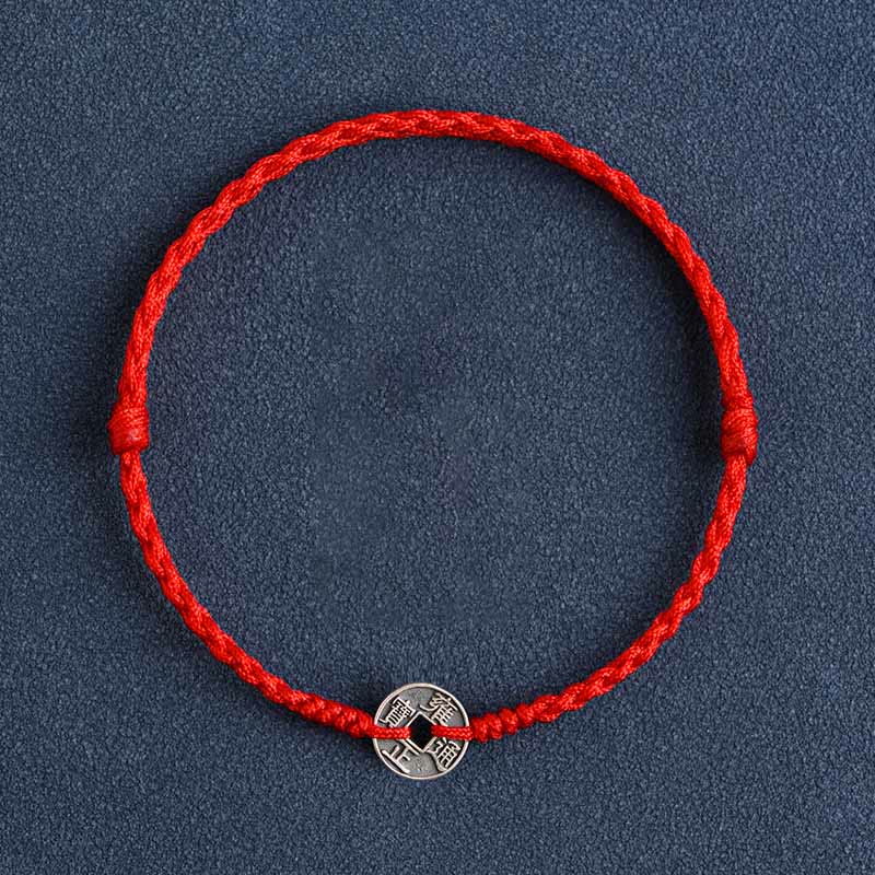 Buddha Stones Argento Sterling 925 Cinque monete dell'Imperatore Corda Rossa Protezione Fortuna Braccialetto Intrecciato Cavigliera - Image 2