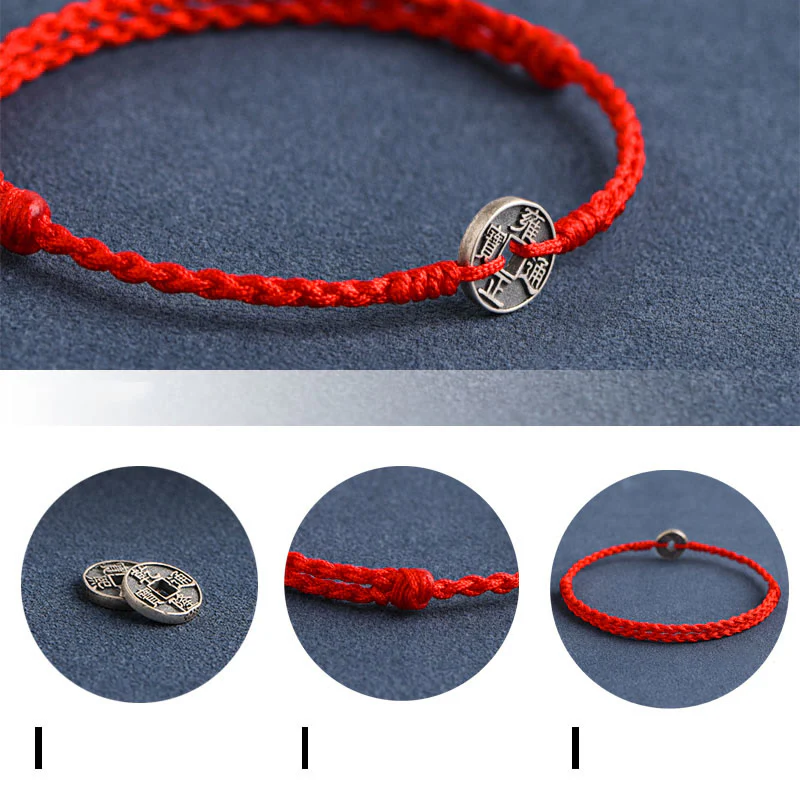 Buddha Stones Argento Sterling 925 Cinque monete dell'Imperatore Corda Rossa Protezione Fortuna Braccialetto Intrecciato Cavigliera - Image 5