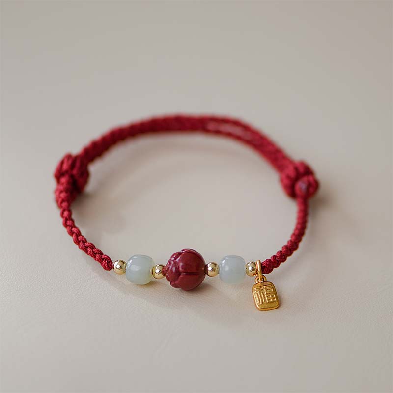 Braccialetto intrecciato con corda rossa calma, giada, cinabro e loto Buddha Stones - Image 4