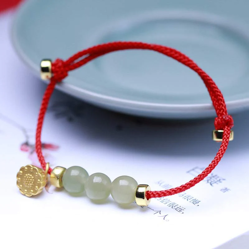 Braccialetto intrecciato con corda rossa in semi di loto di giada naturale Buddha Stones - Image 3